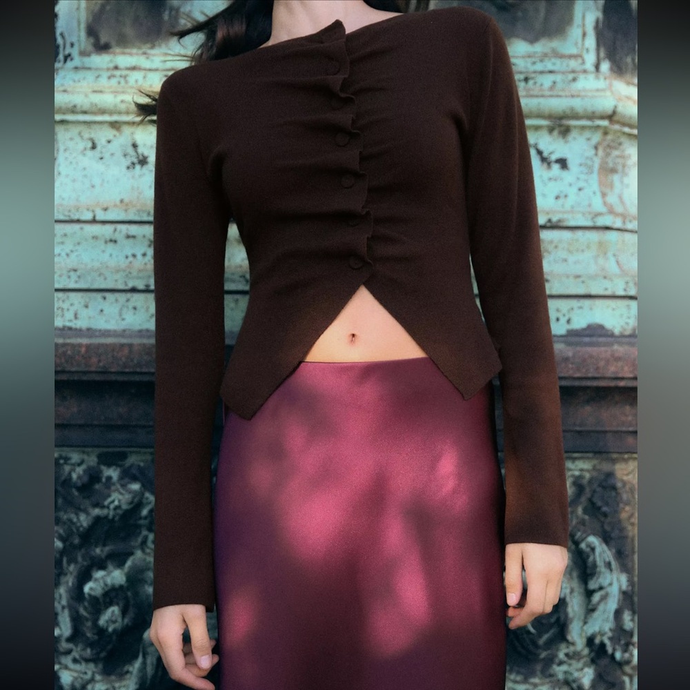 Zara Ruched Knit Top Brown - Picture 2 of 7